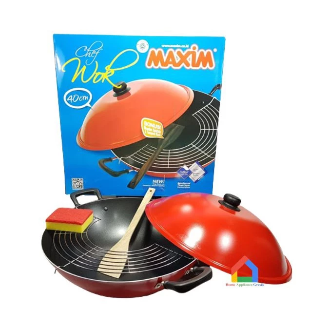 Maxim Chef Wok 40 Cm Wajan Penggorengan + Tutup + Rak Peniris + Sutil kayu + Spon